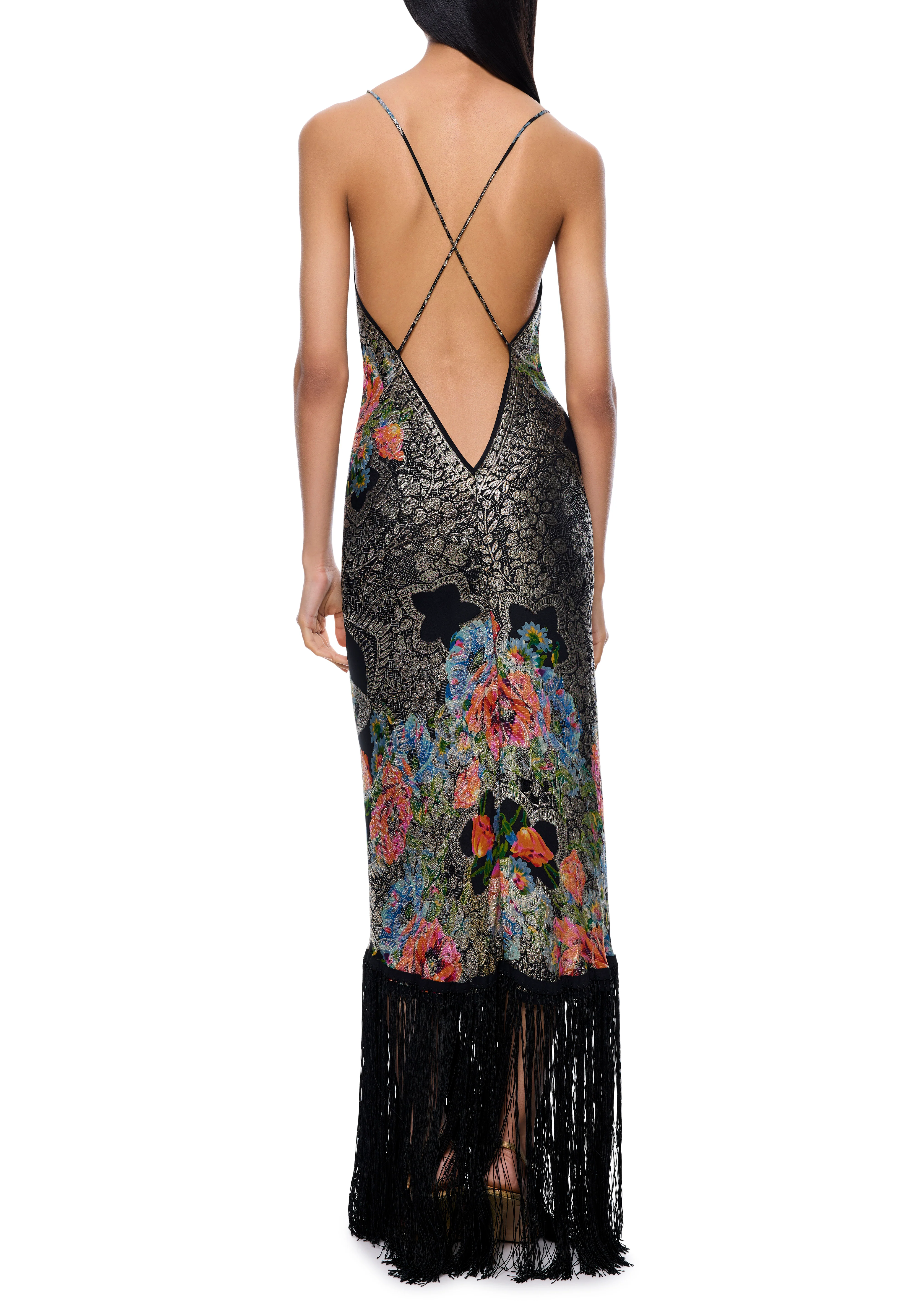 1920s Black and Floral Lamé Gown - Image 3