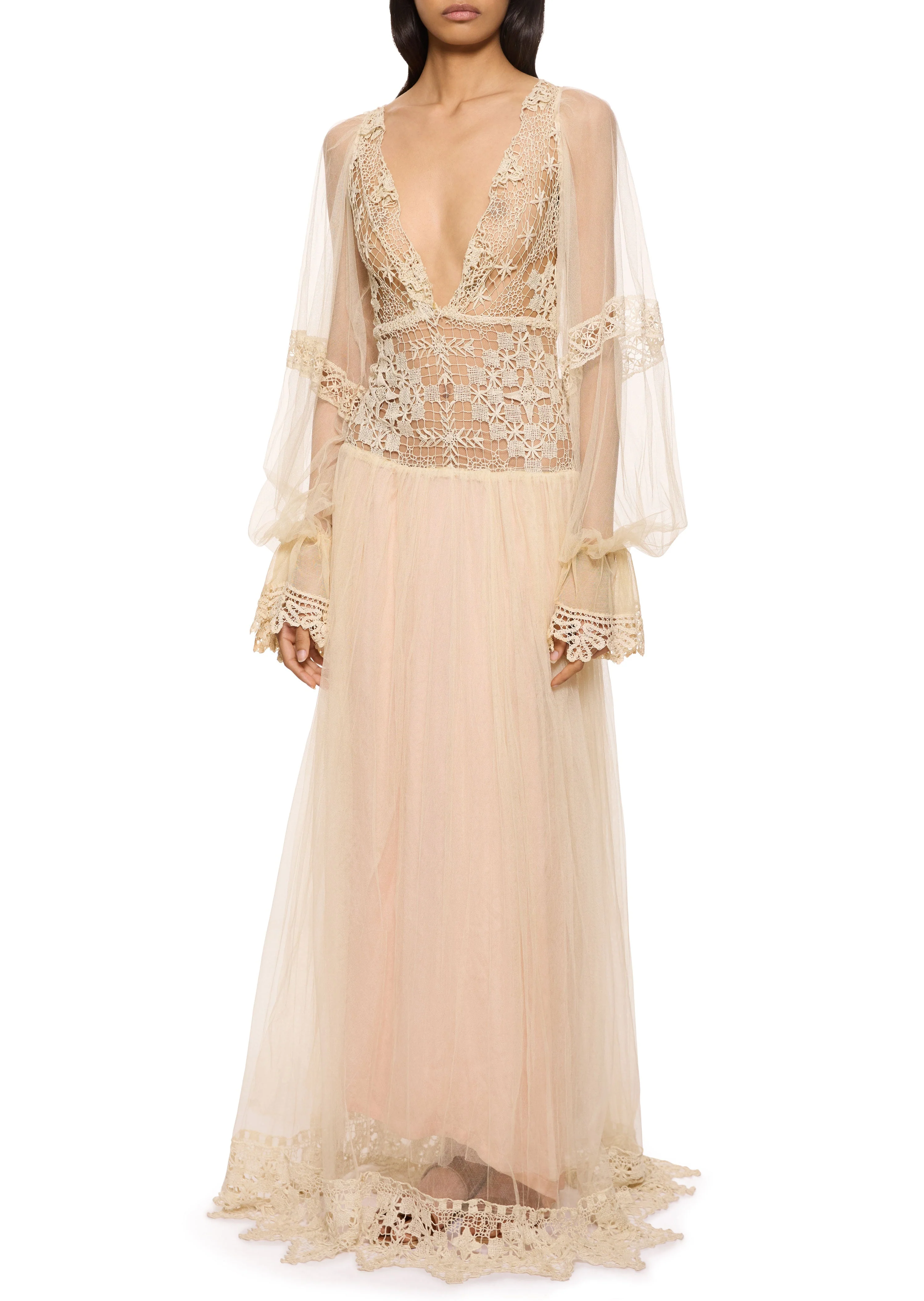 1930s Ivory Hand Crochet and Tulle Gown with Blush Under Skirt - Image 2