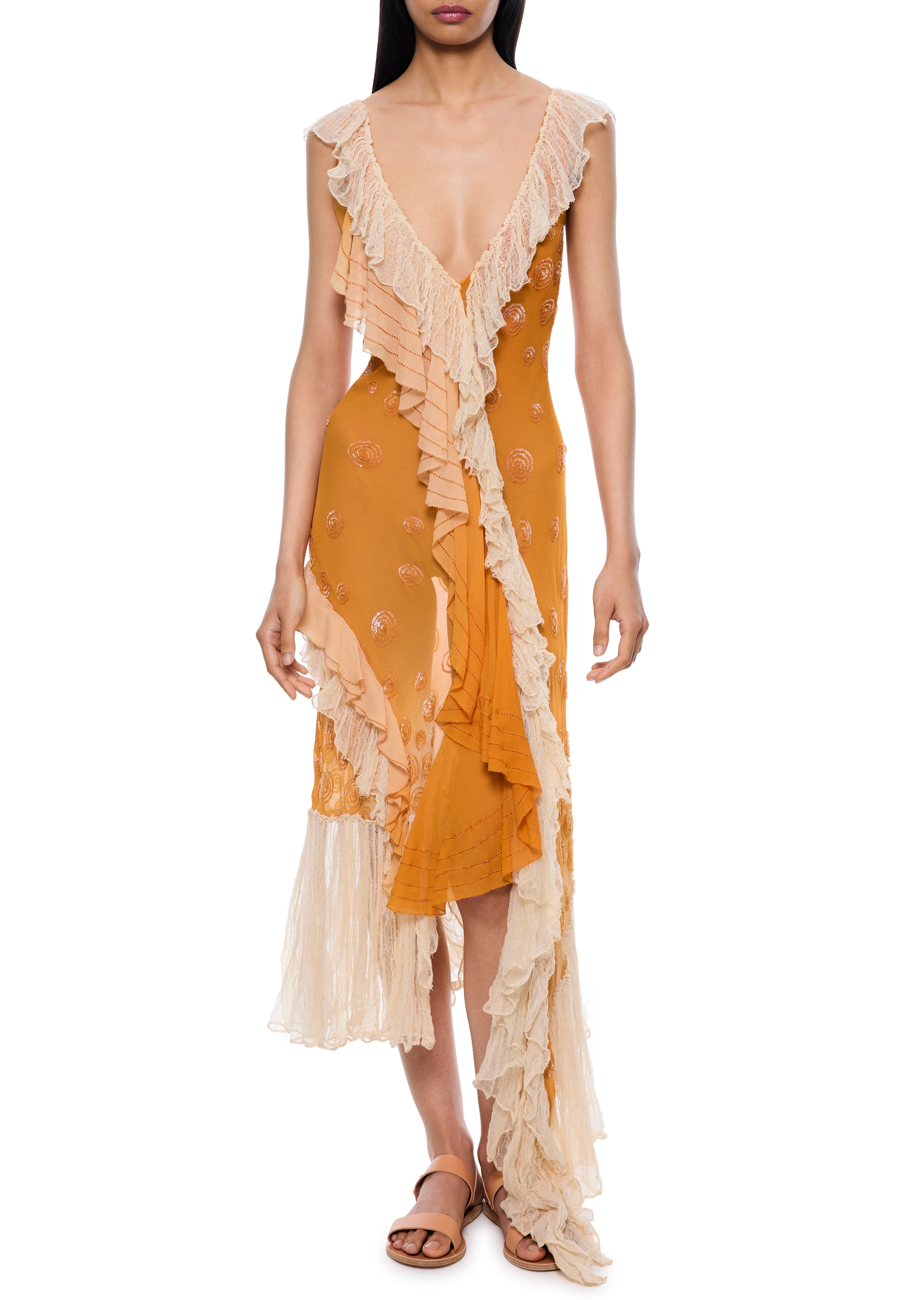 1990s Apricot Ruffle Dress